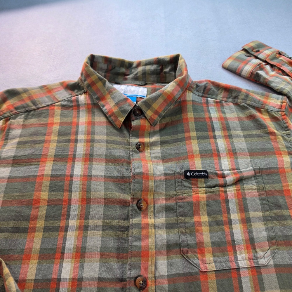 Columbia Mens XL Plaid Button Down Shirt Long Sleeve Olive Orange AM8053 Stretch - Picture 4 of 6
